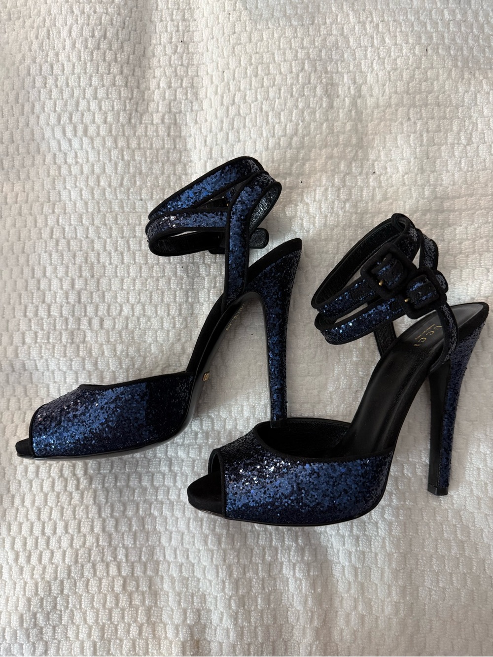 Gucci Blue Glitter Open-Toe Ankle-Strap Heels - Picture 2 of 9